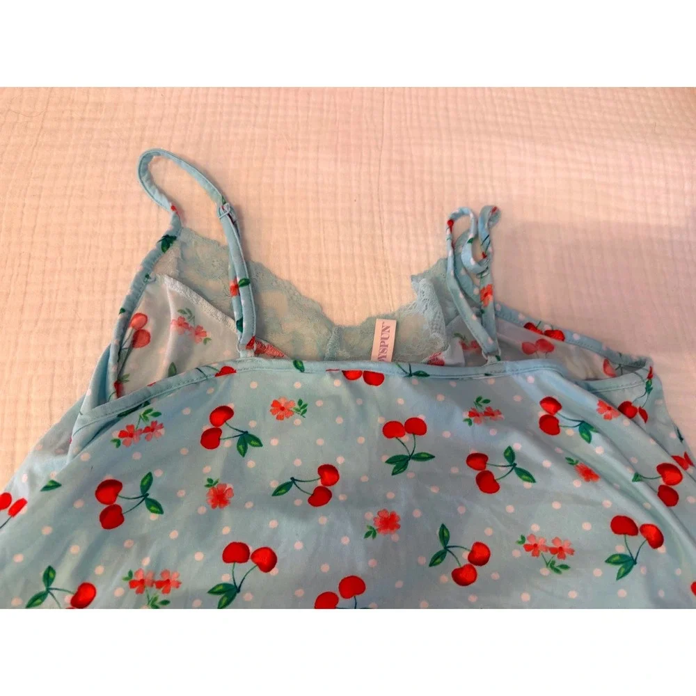 Joyspun Pajama Set Blue Cherry Floral Lace Trim Cami Shorts Size L 12-14